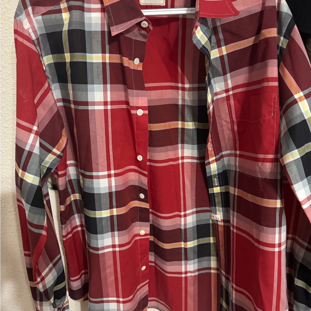 Billy Reid Red and Black Plaid Button Down Shirt